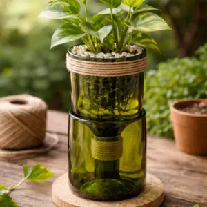 Old Monk Planter Crafted from an upcycled Old Monk glass bottle, this planter brings a simple yet thoughtful touch to your space. Each piece is carefully cut and finished by hand, preserving the character of the original bottle while giving it a new purpose. Designed for small plants, it fits naturally on desks, shelves, or corners that need a bit of life. ✨ Features Made from upcycled Old Monk glass bottle Hand-cut and smooth-finished edges Suitable for indoor plants and succulents Each piece is unique 🪴 Ideal For Succulents Desk plants Small indoor greens ♻️ Why It Matters This planter is a small step toward reducing waste — turning something discarded into something meaningful.